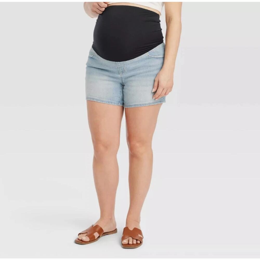 Isabel Denim 4" Shorts Maternity Midi Crossover Panel Over Belly Size 14 NWT